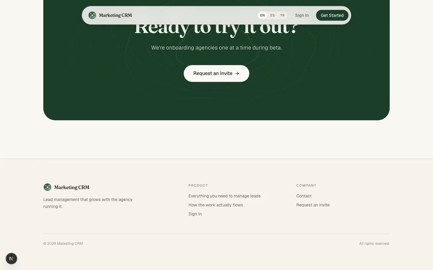 Marketing CRM kapanış çağrısı ve footer