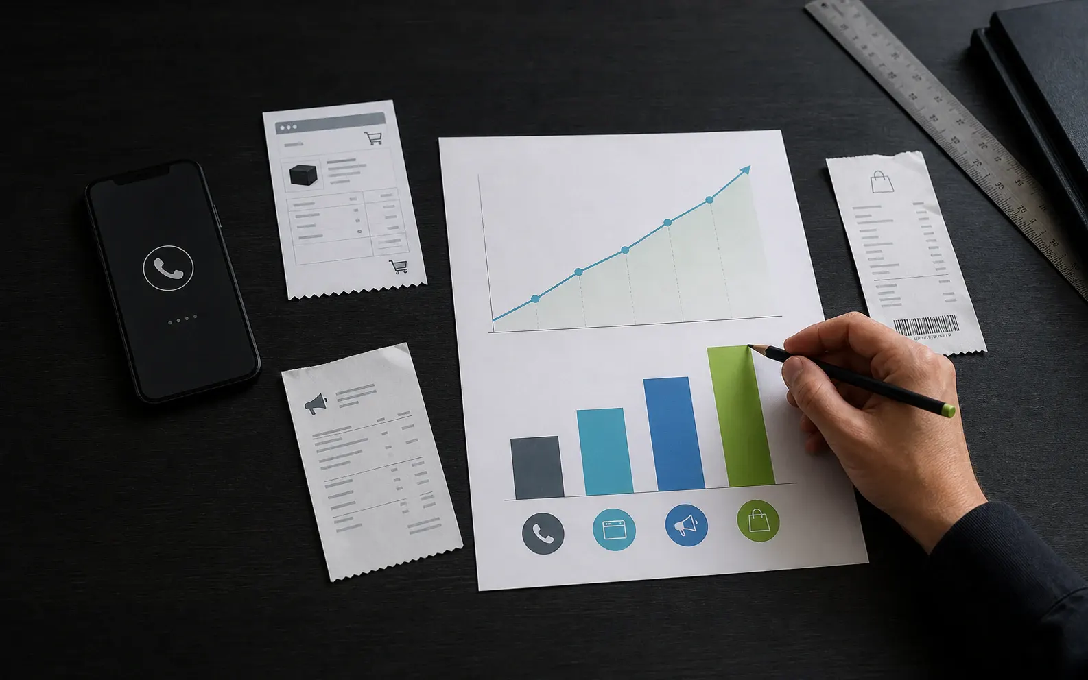 An analysis table combining phone, web, advertising and sales data into one report