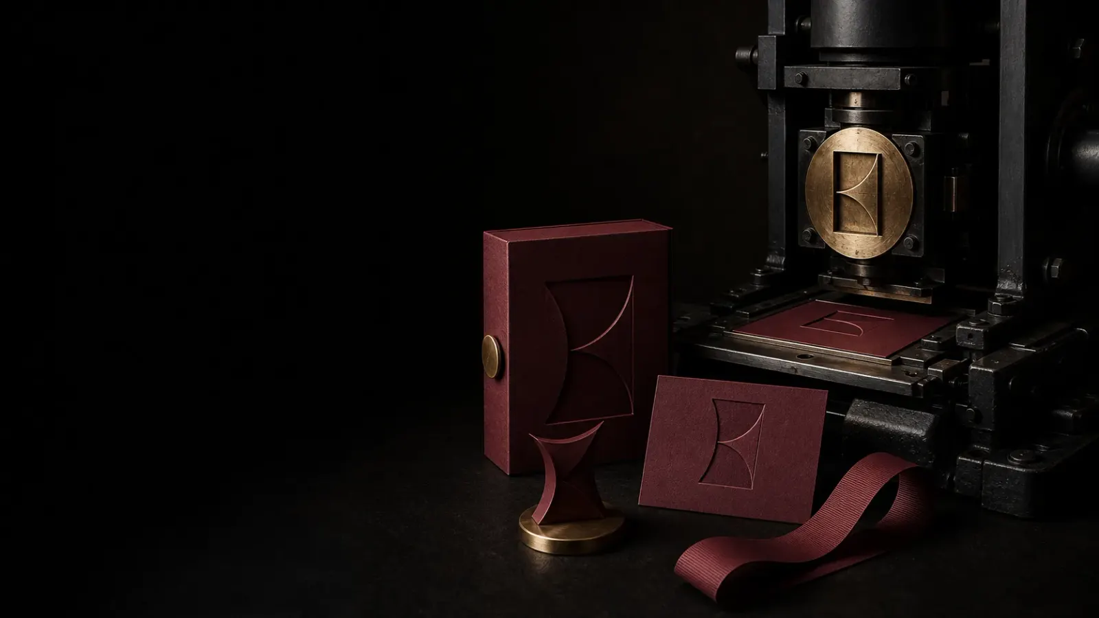 A mechanical identity press producing a coherent family of brand objects