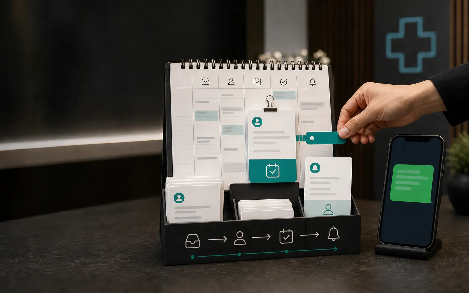 A clinic CRM flow connecting a WhatsApp patient enquiry to assignment, appointment and follow-up