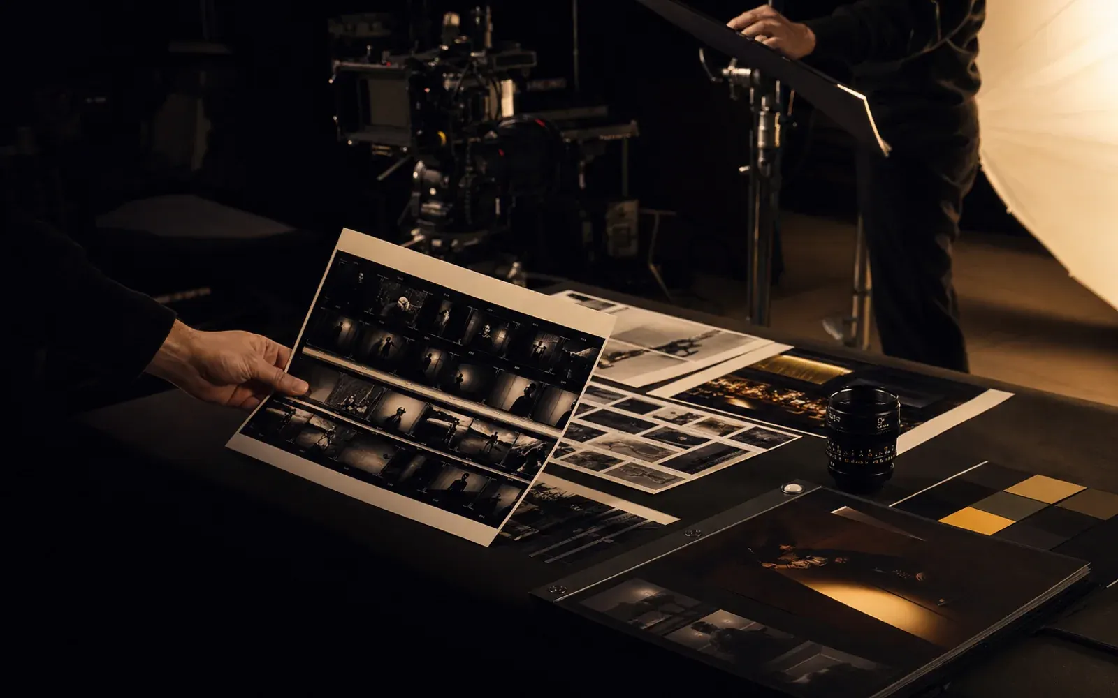 An active premium production set with storyboards, camera hardware and lighting tests