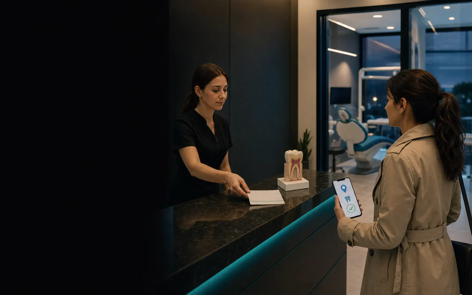 A patient arriving at a dental clinic after confirming the appointment on a phone