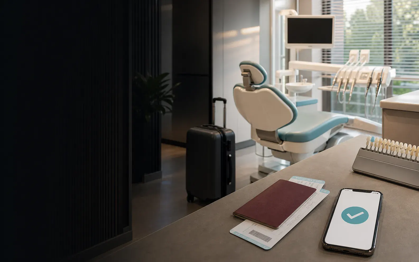 Dental tourism advertising agency journey with a passport, boarding pass, dental clinic chair and confirmed international patient appointment