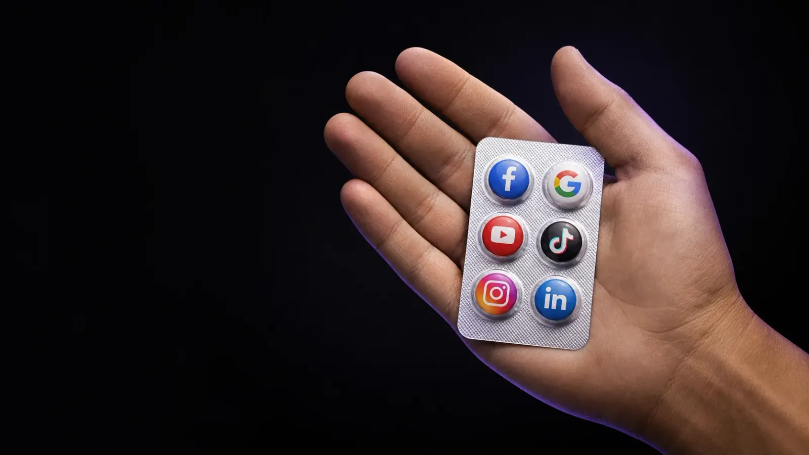 Facebook, Google, YouTube, TikTok, Instagram ve LinkedIn logolu kapsüllerin bulunduğu dijital pazarlama blisteri