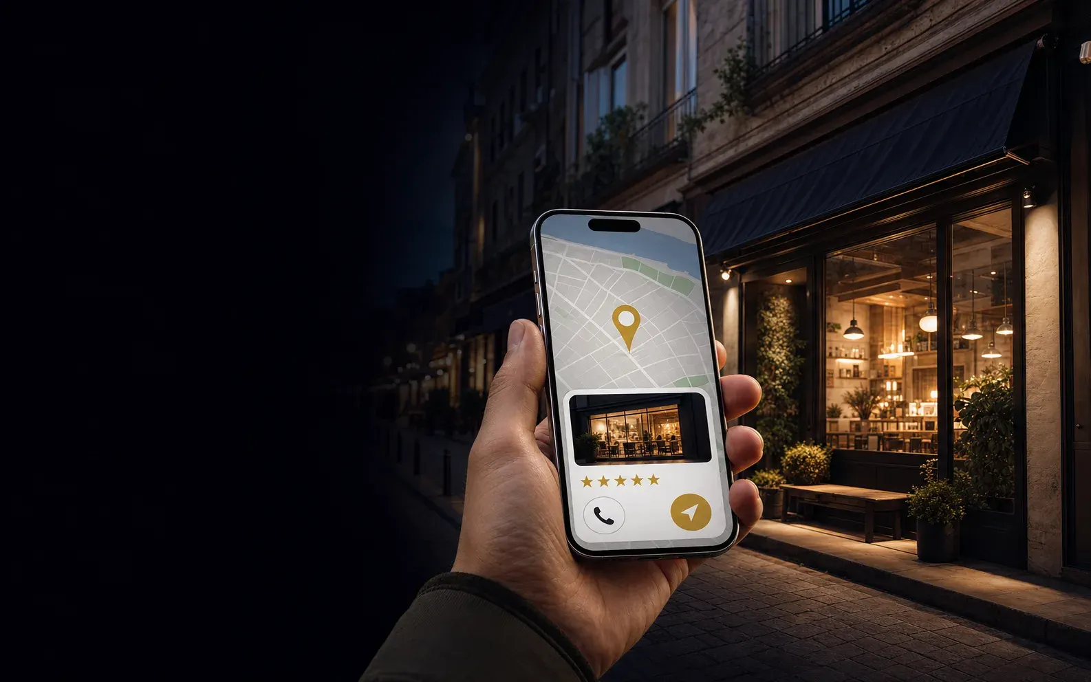 A phone showing the map location, reviews and contact options for a nearby business