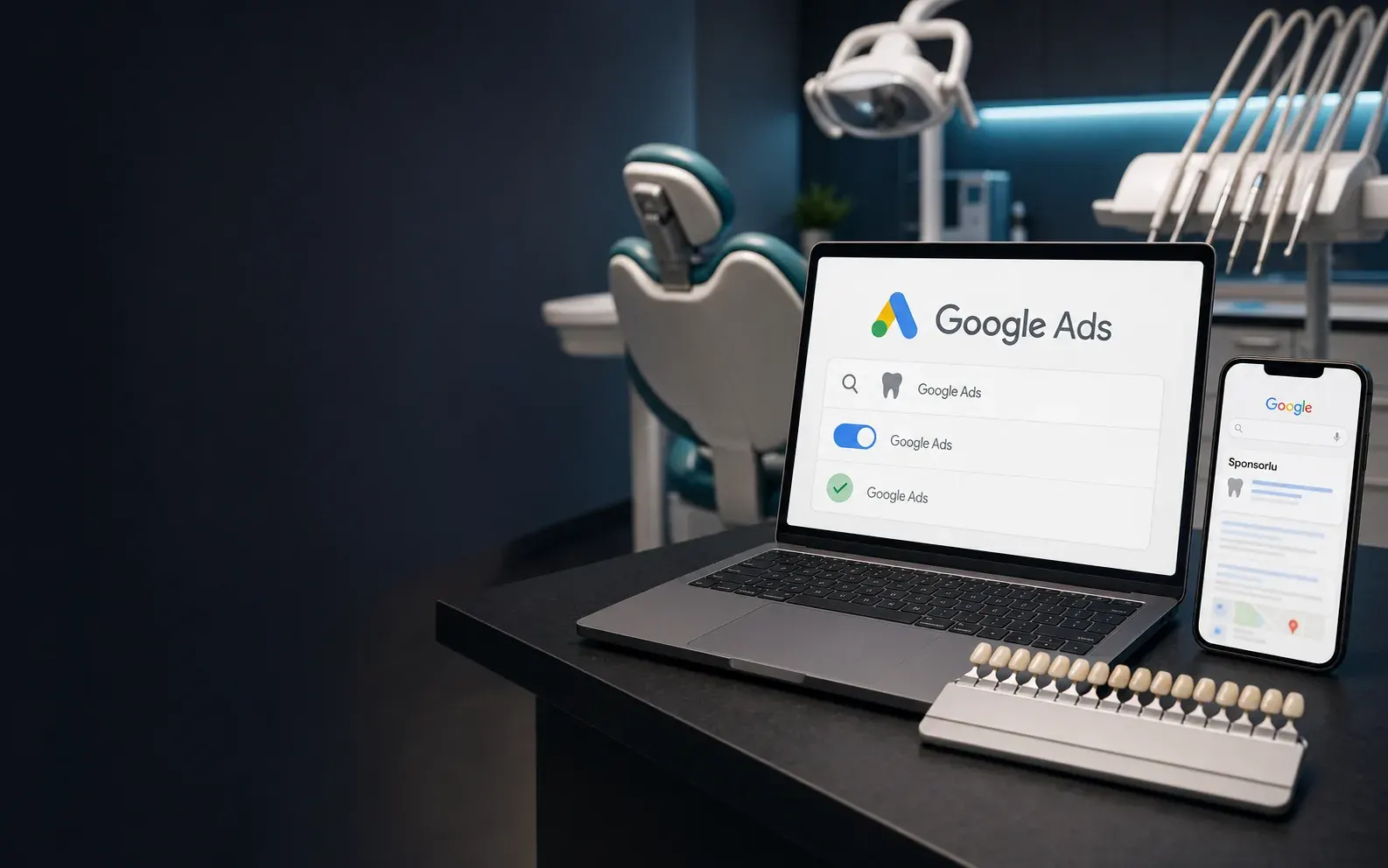 Diş klinikleri için Google Ads kampanyası, sponsorlu diş kliniği arama sonucu ve randevuya hazır dental klinik