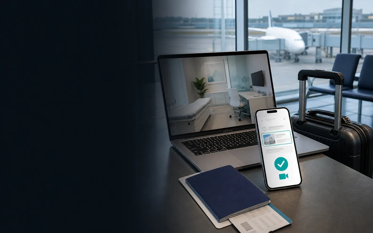 Sağlık turizmi Google Ads kampanyası için havaalanında klinik arayan yabancı hasta yolculuğu, pasaport ve görüntülü görüşme