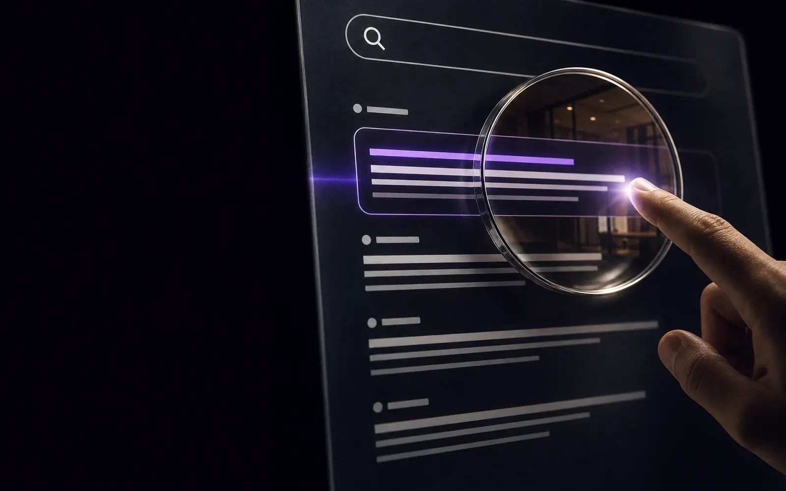 A hand examining purchase intent in search results through a magnifying glass