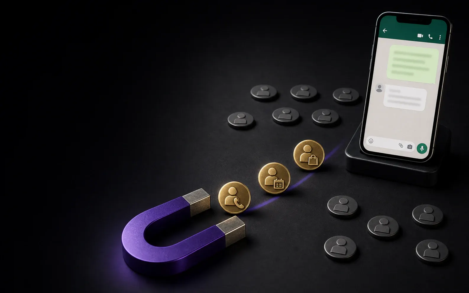 A purple magnet selecting qualified prospects and drawing them into a WhatsApp sales conversation