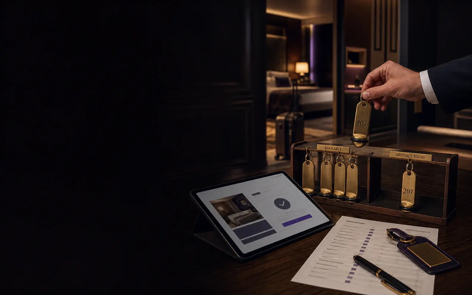 Hotel room keys and a tablet showing a confirmed direct booking at the reservations desk