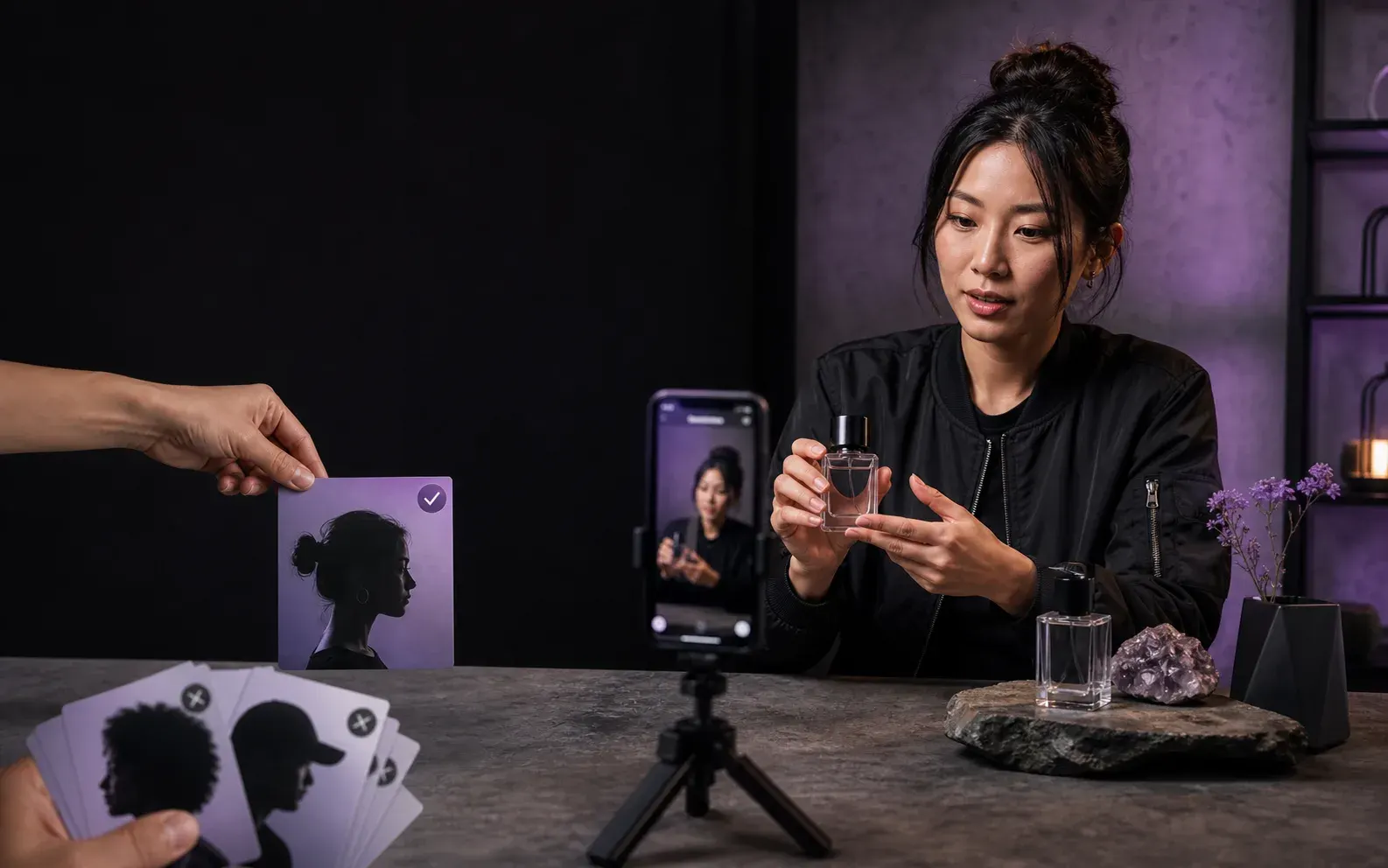 A creator filming a product video while the best-fit profile is selected