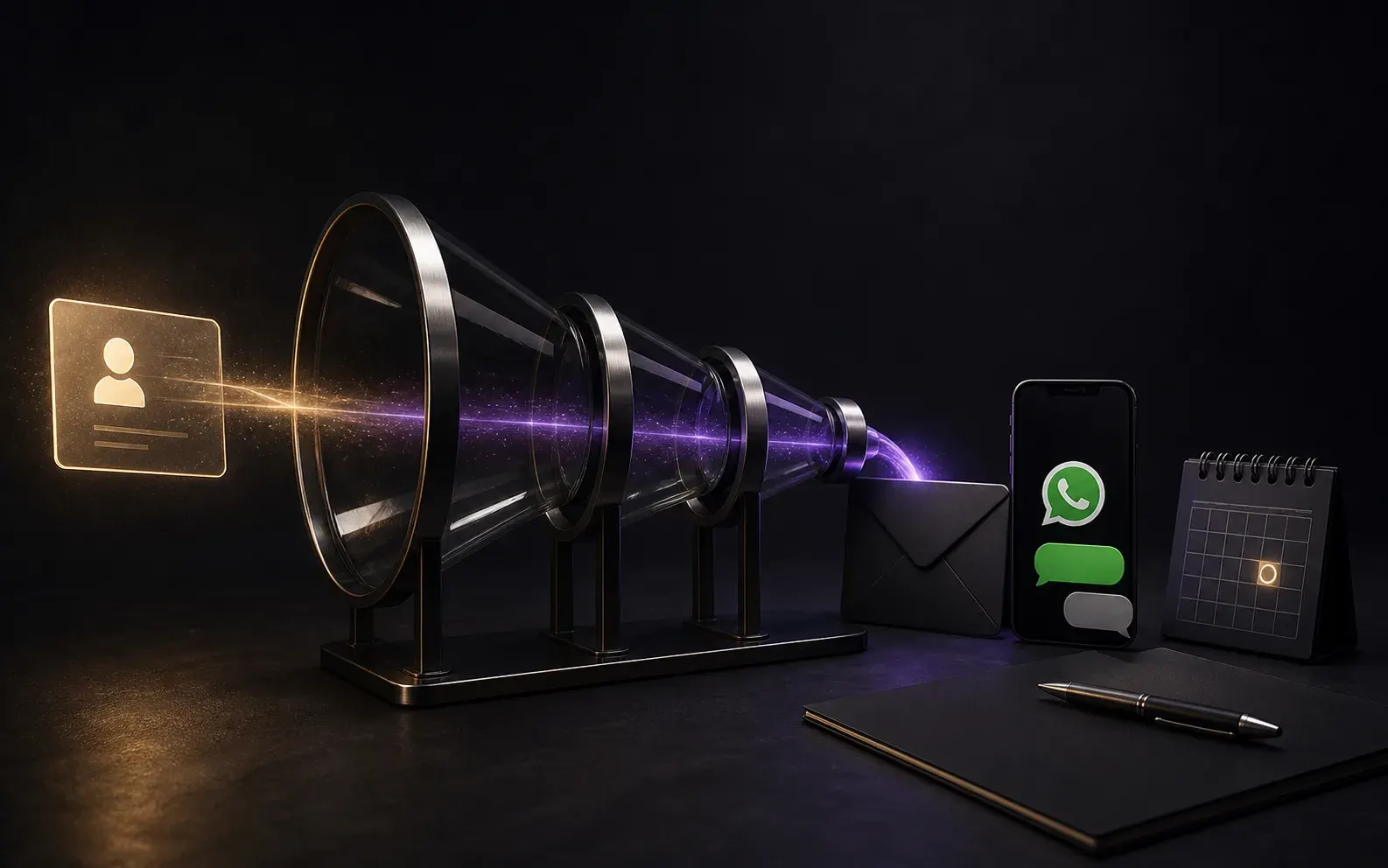 A lead card moving through follow-up steps into a WhatsApp conversation and appointment