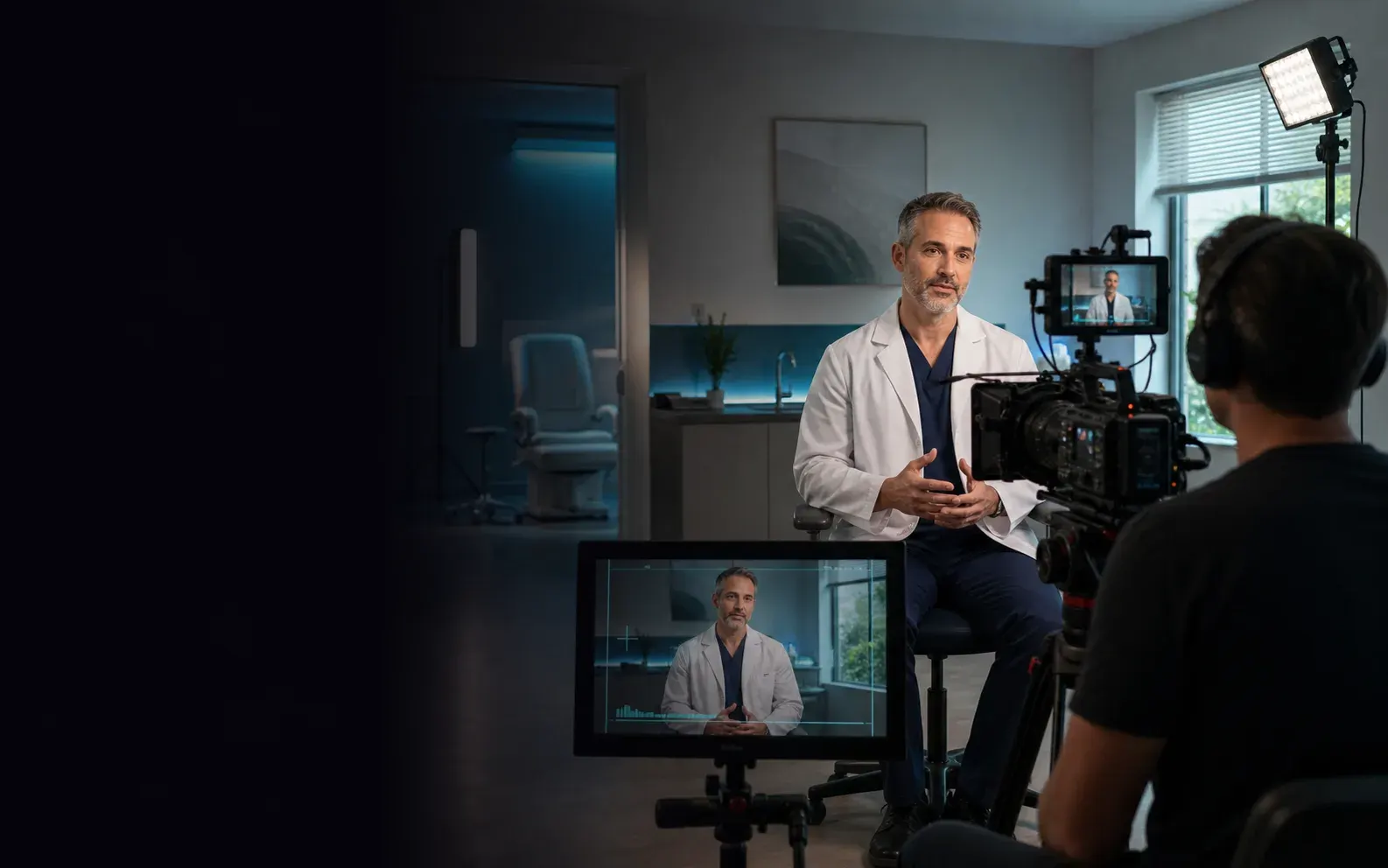 A professional video production team recording a doctor interview in a clinic