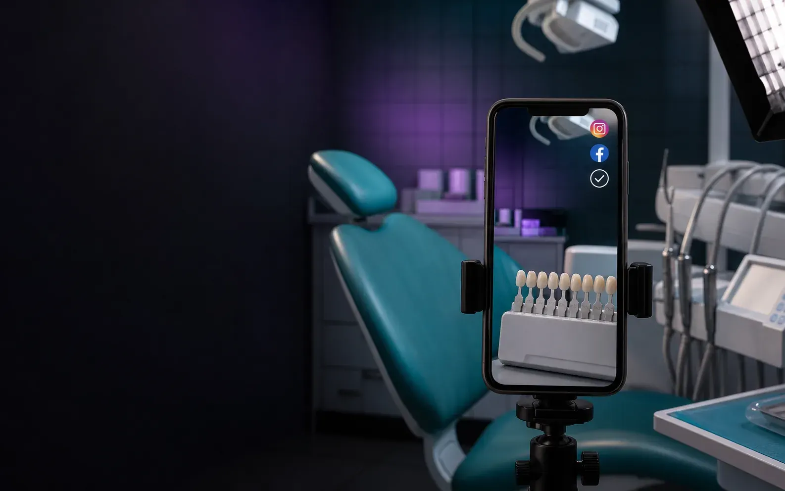 Meta Ads creative for dental clinics filmed on a phone with Instagram and Facebook advertising, dental chair and tooth shade guide