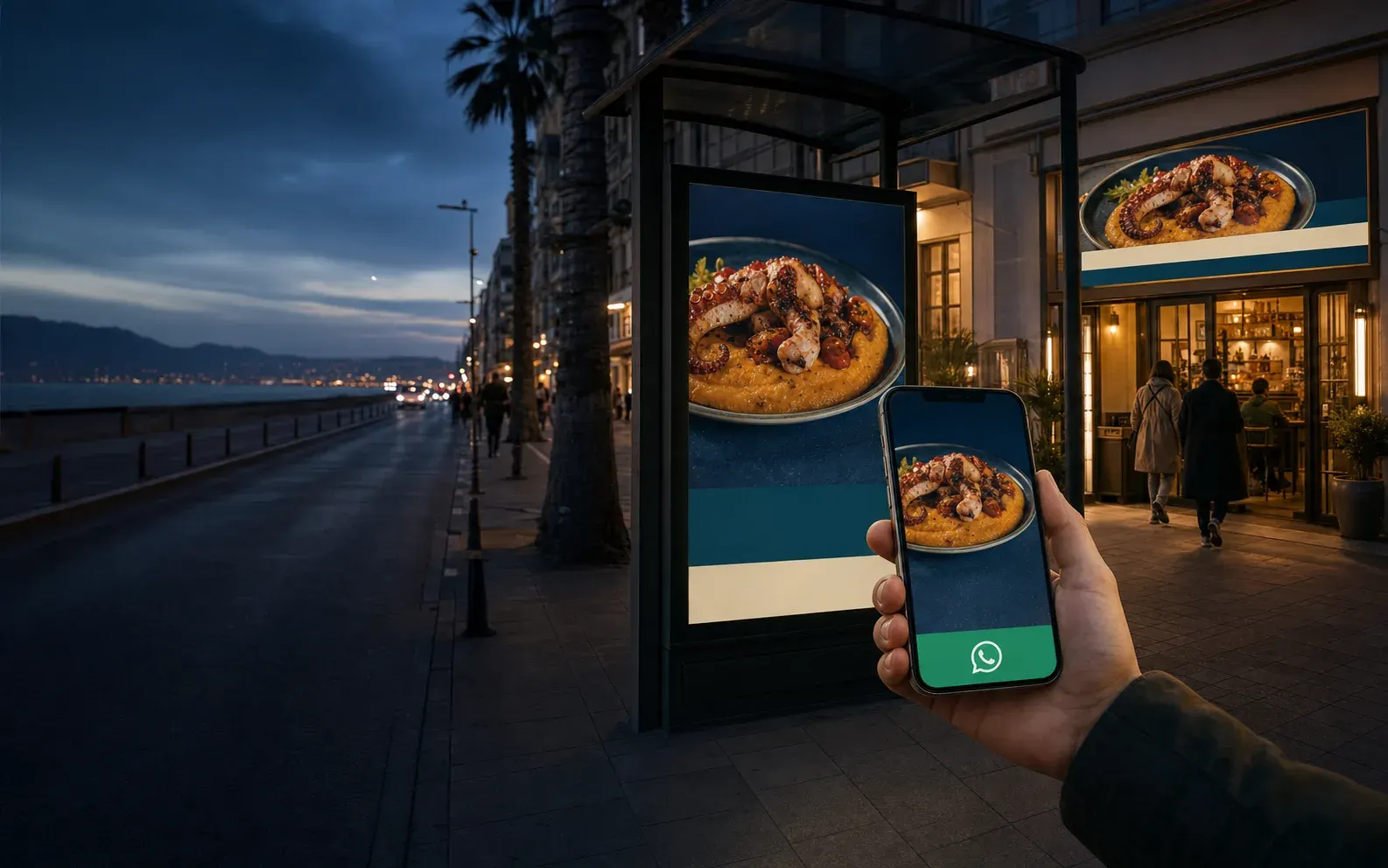 The same restaurant campaign continuing across a street poster, phone and physical venue
