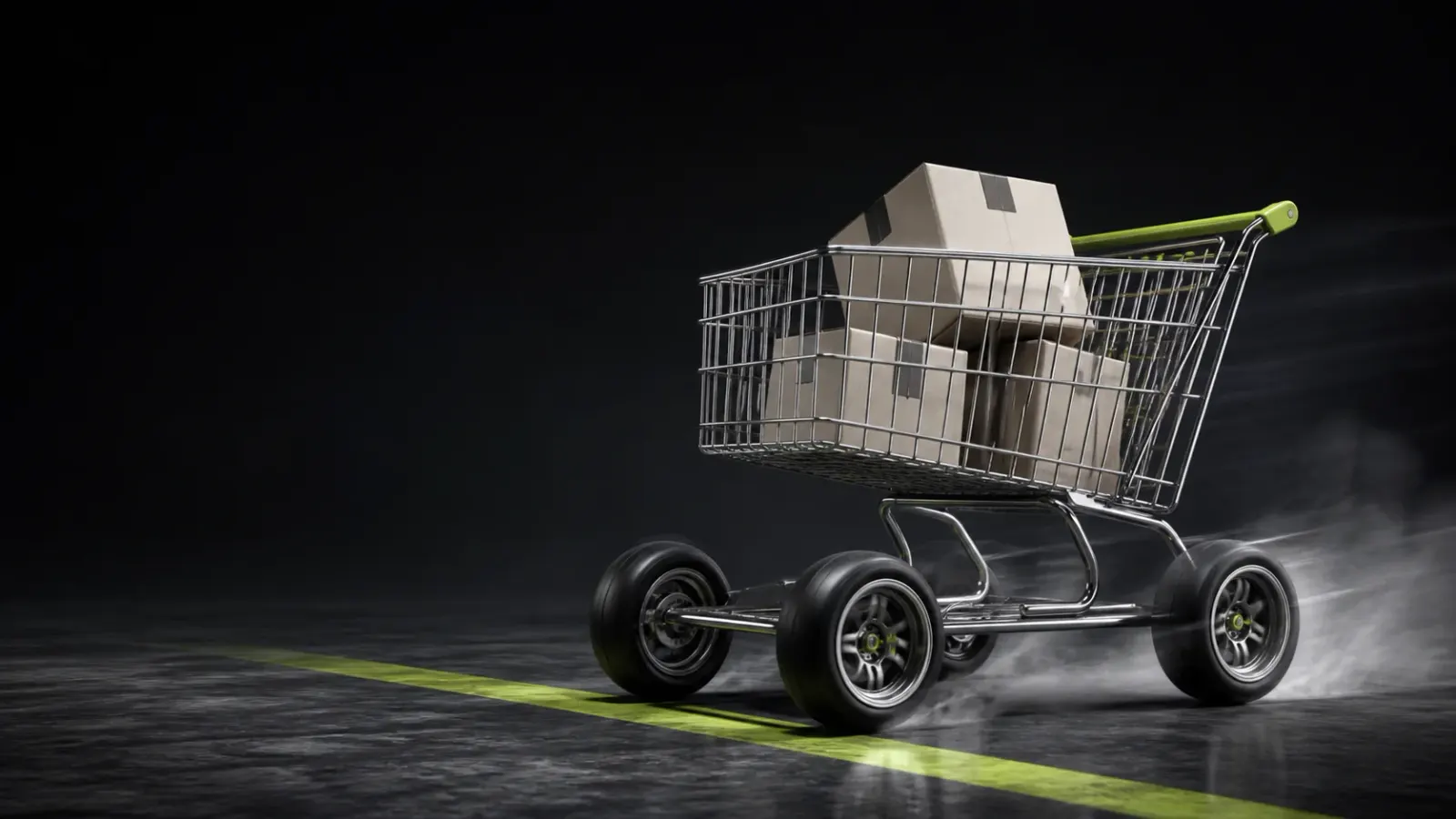 A shopping cart with racing wheels carrying customer orders