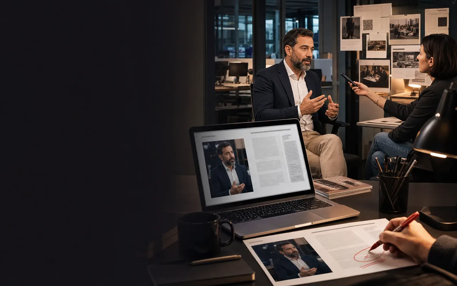 A professional PR workspace where an expert interview becomes approved digital and print coverage