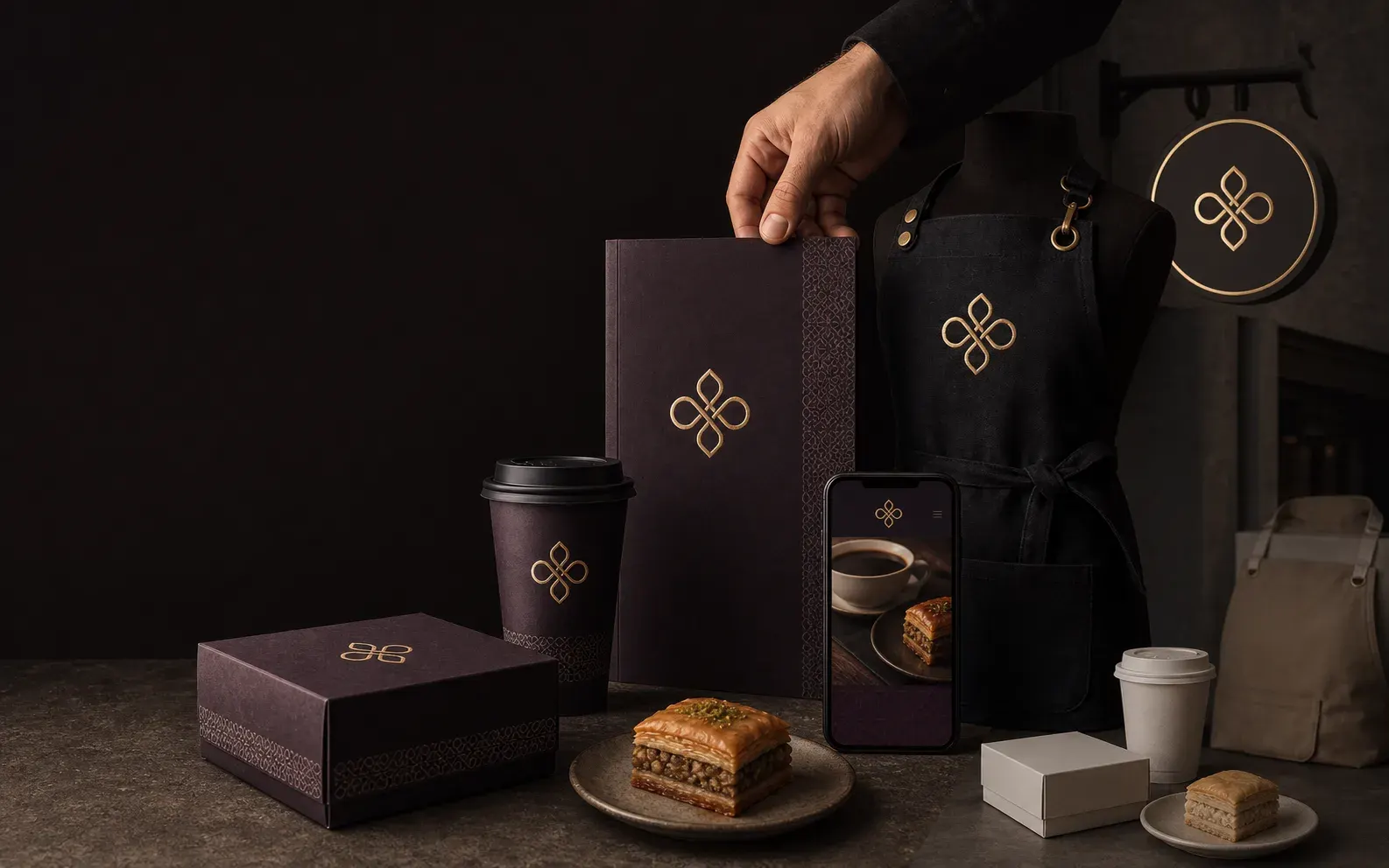 One consistent brand identity applied across a menu, packaging, cup, apron, sign and website