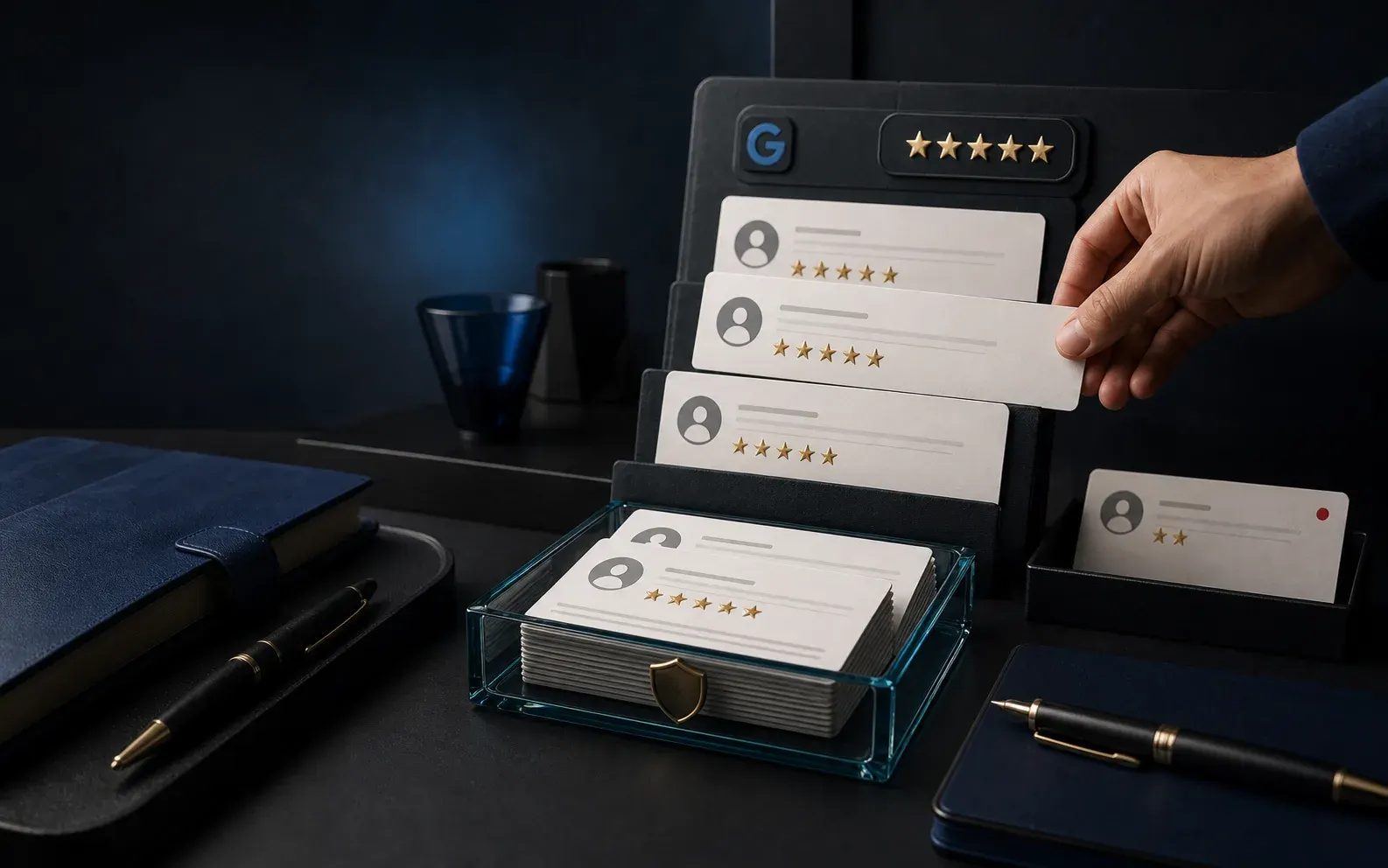 Customer reviews being organized into trust and proof assets