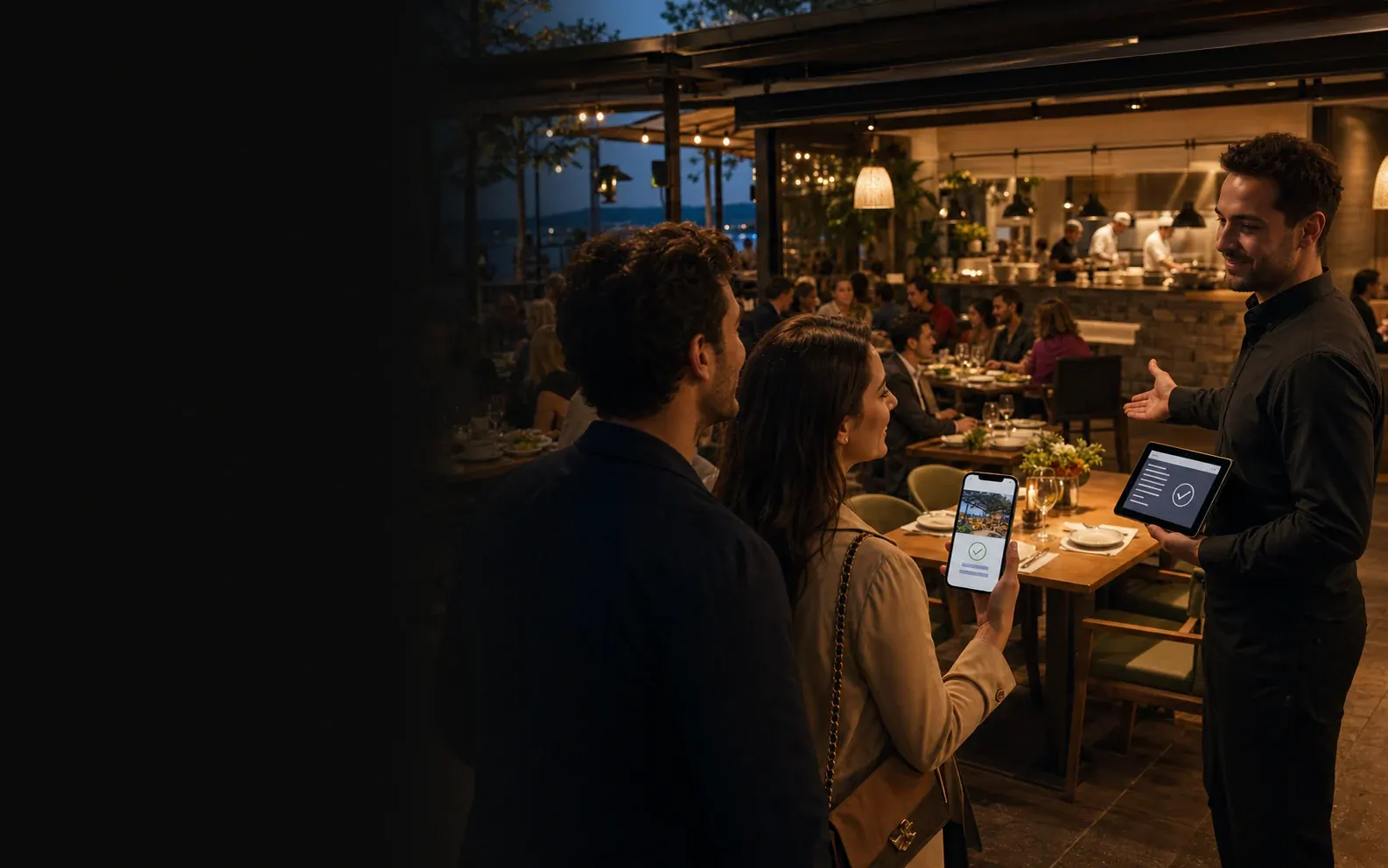 Guests confirming their reservation on a phone as they are welcomed into a busy restaurant