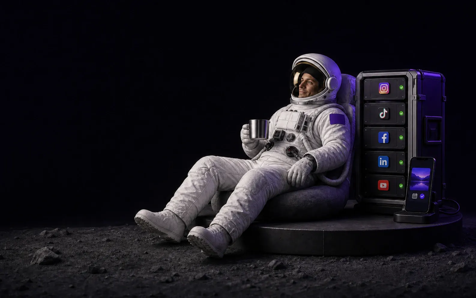 An astronaut focusing on their work while social media channels are managed
