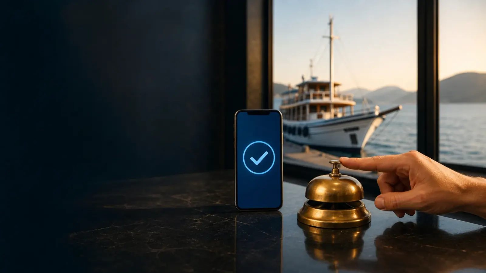 Turizm reklam ajansı sayfası için rezervasyon onaylı telefon, resepsiyon zili ve Ege tur teknesi