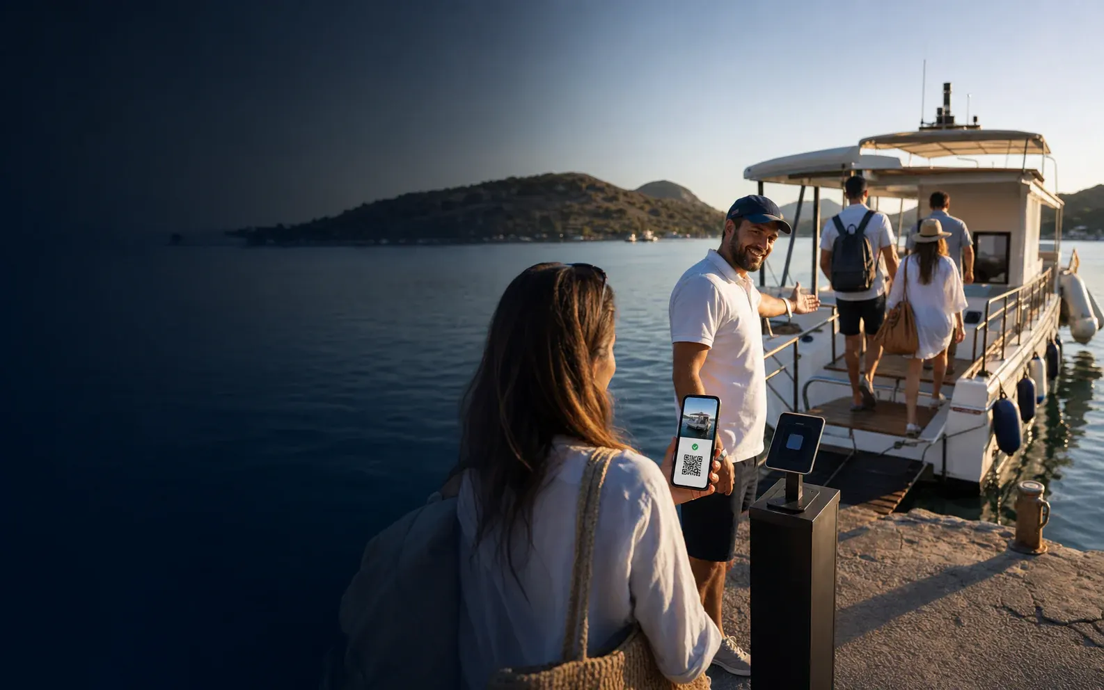 A traveller scanning a booking code to join an Aegean boat tour