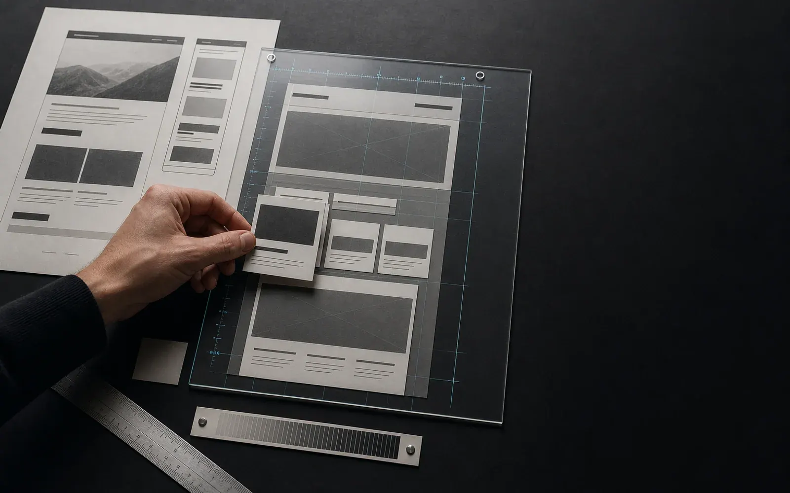 A designer arranging printed web interfaces on a precise grid